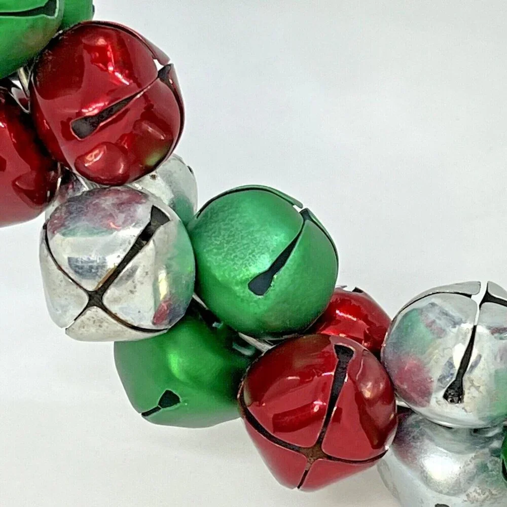 Christmas Jingle Bell Wreath Red Silver Green With Holly Accent Metal